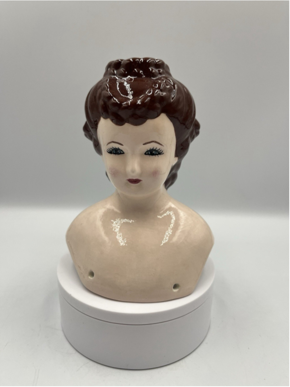 Porcelain China Doll Head BROWN Hair BLUE Eyes Glazed Unsigned SEE ALL
